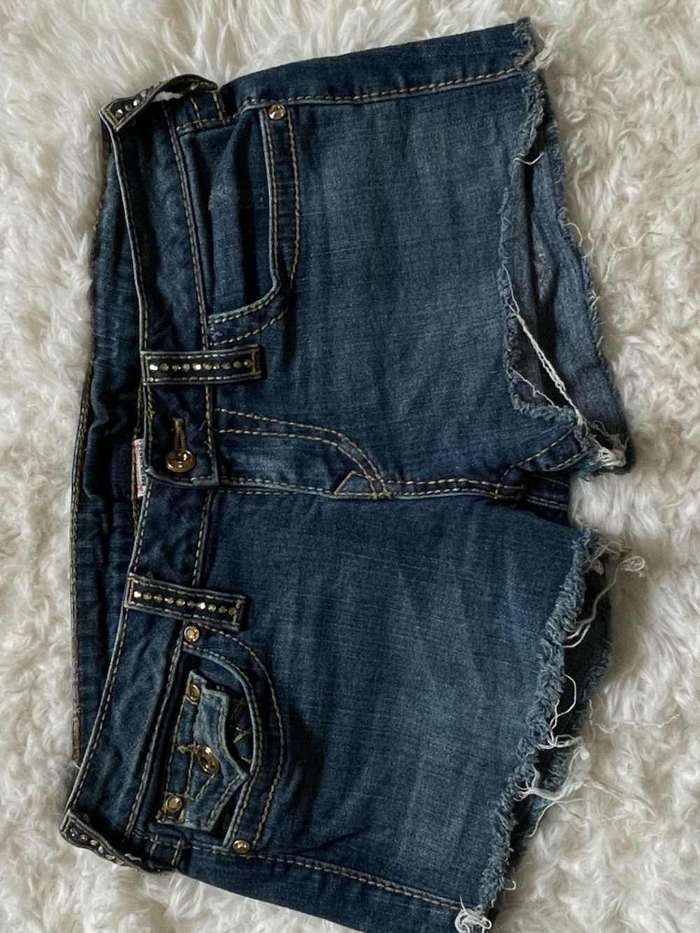 True Religion Dark Indigo Frayed Hem Denim Shorts
